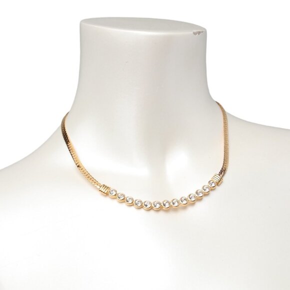 Vintage Swarovski Crystal Gold Plated Necklace Collar Choker Flat Snake Chain - Picture 12 of 15